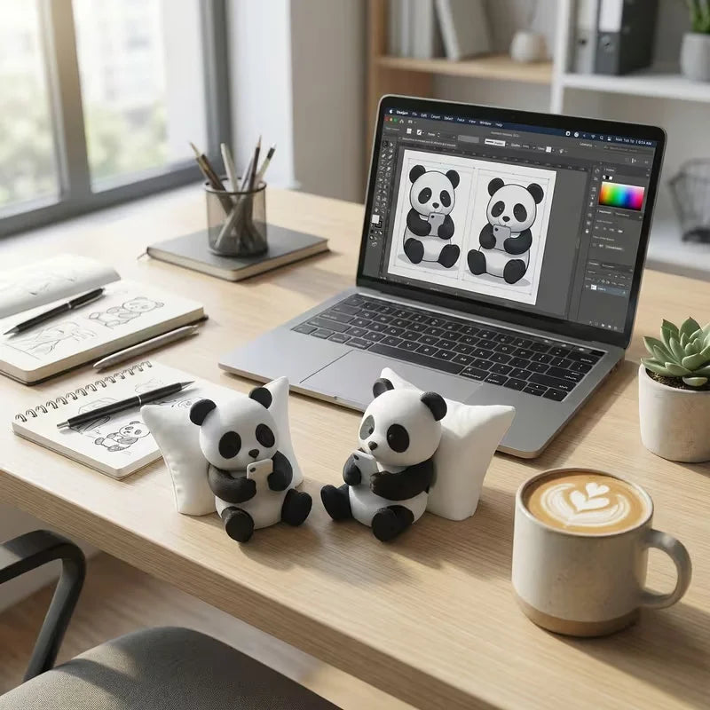 A laptop displaying a panda drawing is surrounded by cute panda sculptures, pens, and a coffee mug on a wooden desk.