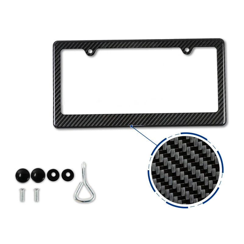 Black carbon fiber license plate frame cover with mounting holes and included screws