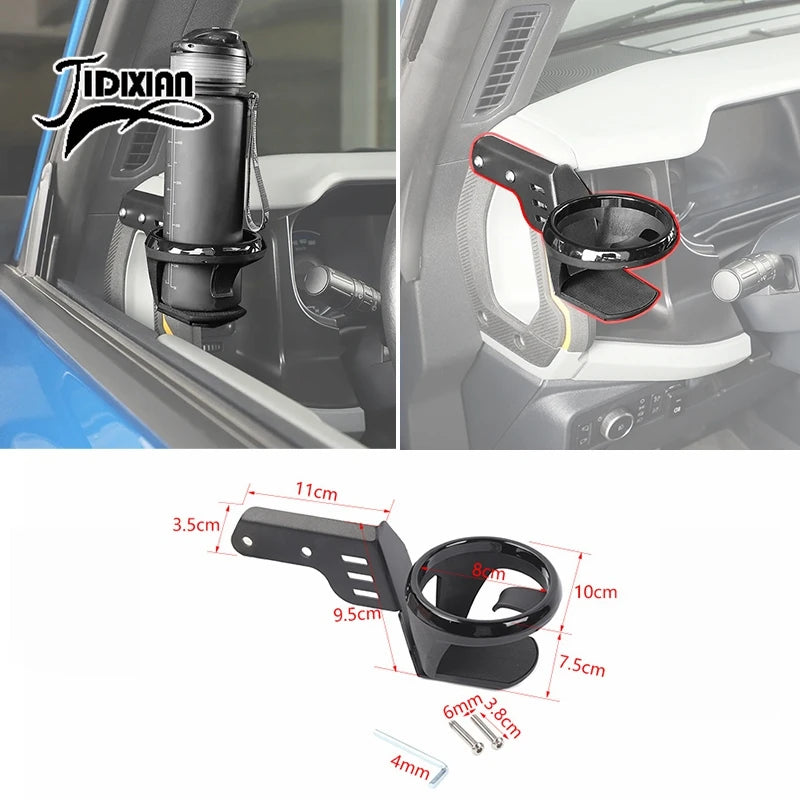 Black handle cup holder for Ford Bronco A-Pillar featuring a mounting bracket and silicone grip.