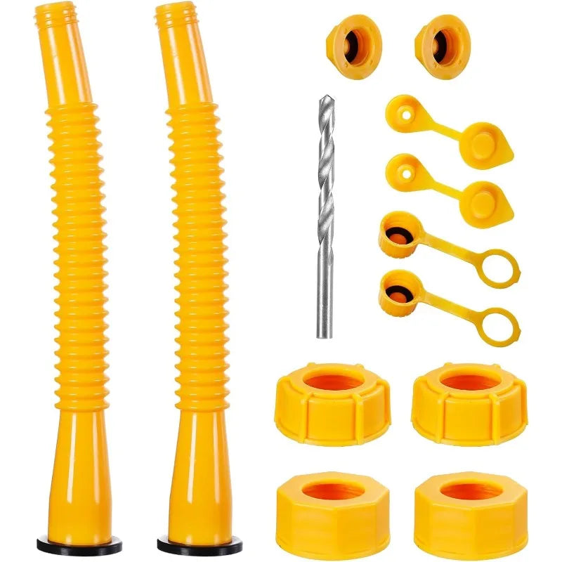 A set of yellow universal fuel transfer spouts with vent caps shown in various sizes.