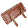 A brown premium PU leather motorcycle handlebar saddlebag with a strap and buckle.