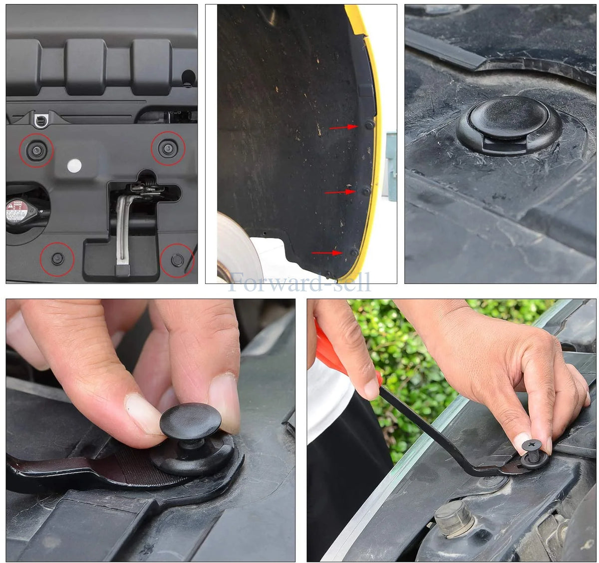 Close-up views of car fastener rivet clips and a hand installing or removing them from a vehicle body panel.