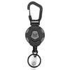 Black heavy-duty retractable keychain badge holder with a carabiner clip