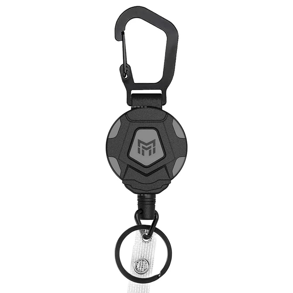 Black heavy-duty retractable keychain badge holder with a carabiner clip