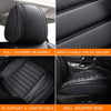 Close-up view of black PU leather car seat covers highlighting features like full covered headrest, breathable holes, 3D supp