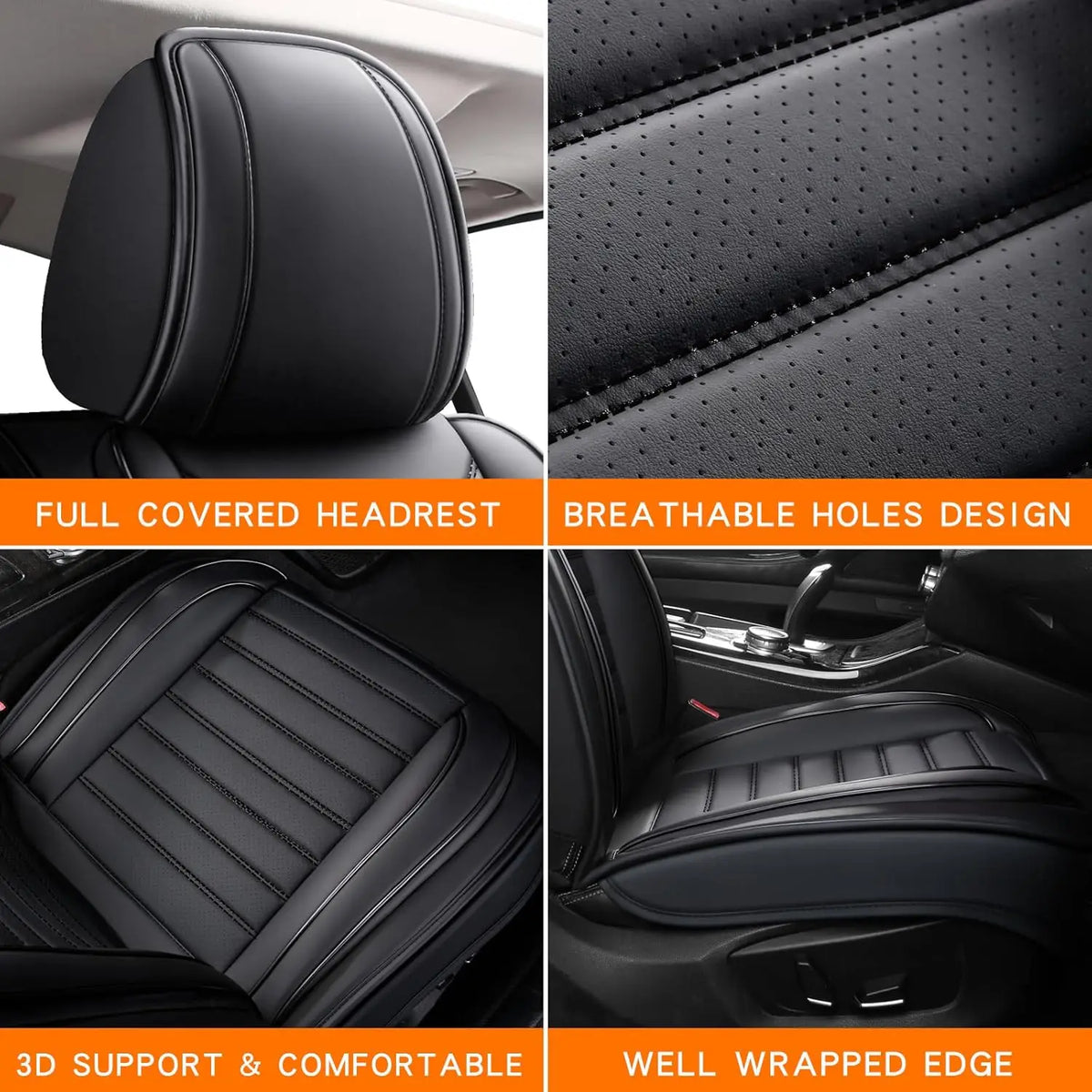 Close-up view of black PU leather car seat covers highlighting features like full covered headrest, breathable holes, 3D supp