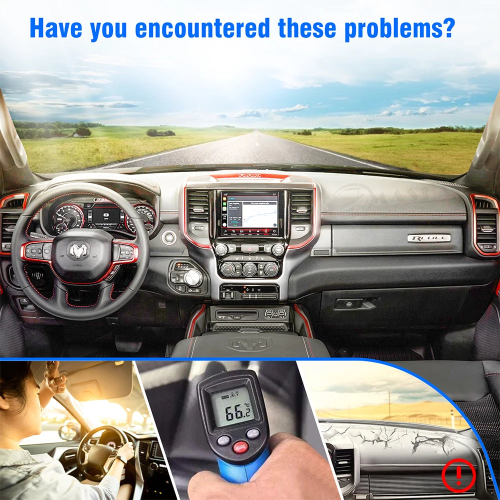 Interior view of a Dodge Ram showing a custom fit dashboard mat installation.