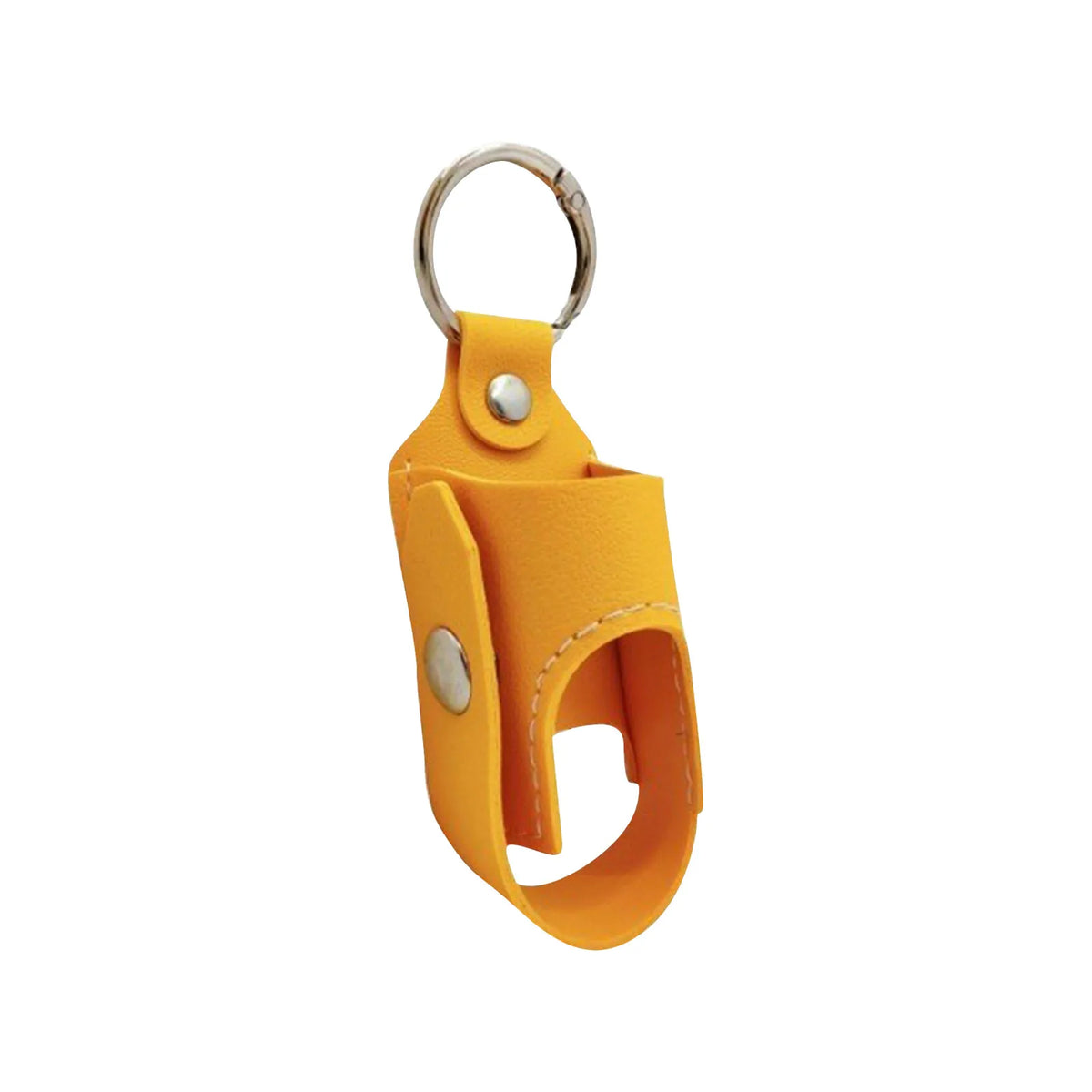A yellow portable inhaler storage case with a metal keyring and clasp.