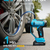 A blue portable tire inflator is shown next to a car tire, demonstrating fast inflation capability.