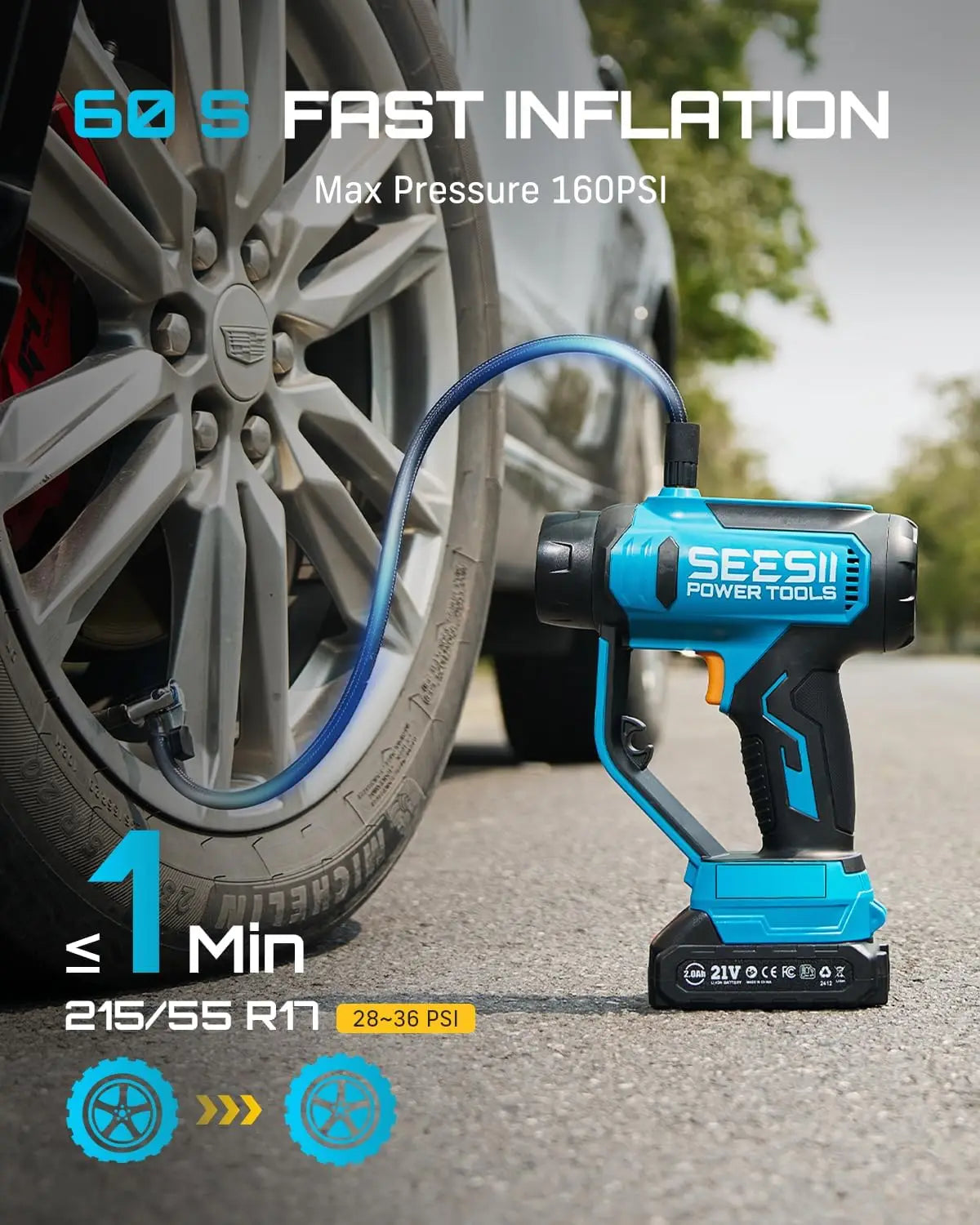 A blue portable tire inflator is shown next to a car tire, demonstrating fast inflation capability.