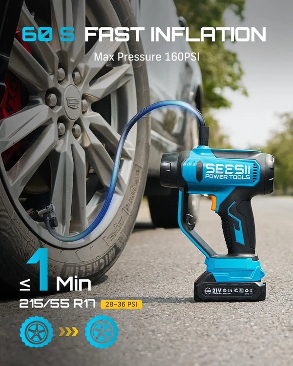 A blue portable tire inflator is shown next to a car tire, demonstrating fast inflation capability.