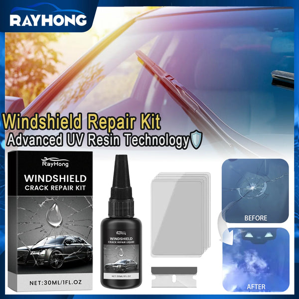 RayHong Windshield Crack Repair Kit showing before and after results for automotive glass