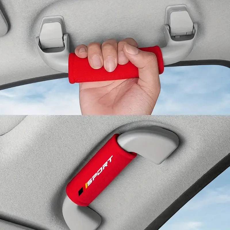 A hand grips a red universal car handle cover, demonstrating the grip and fit of the product.