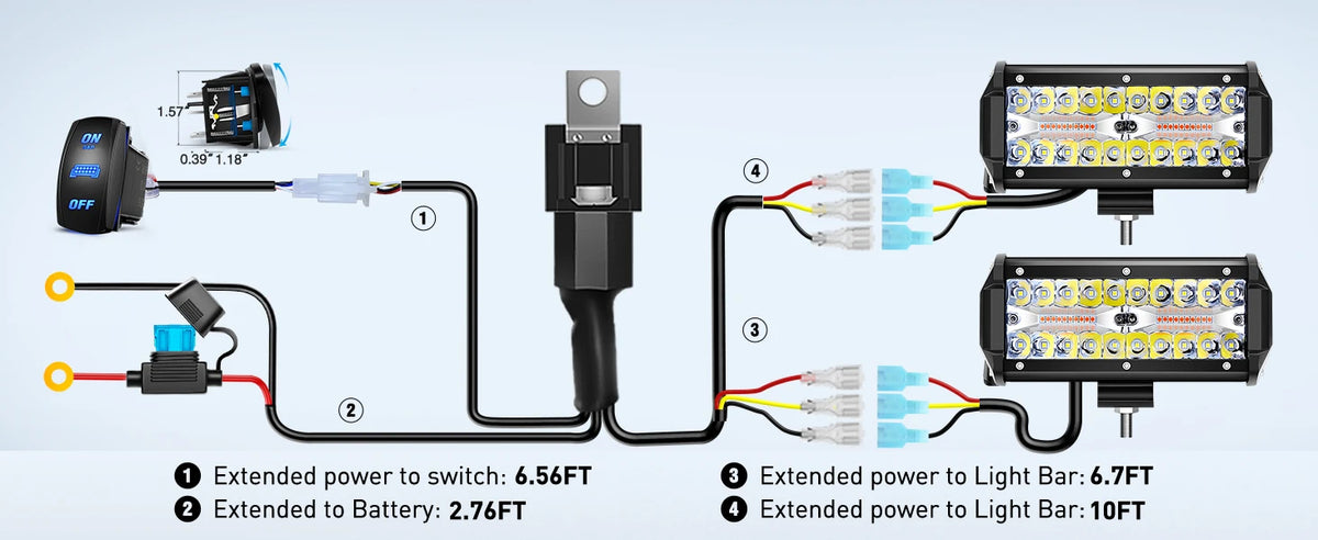 Kit de faisceau de câblage montrant les connexions pour une lumière stroboscopique LED, incluant des extensions d'alimentatio