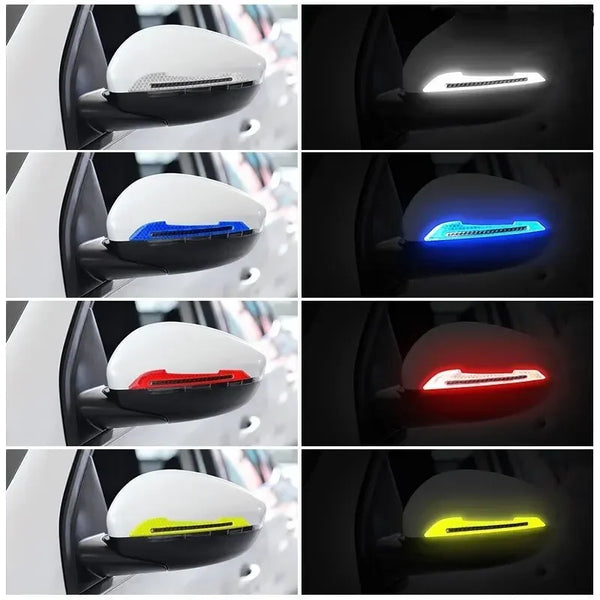 Eine Reihe von Autoscheiben, die verschiedene farbige reflektierende Streifen außen zeigen.