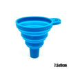 A bright blue silicone funnel with a spout and a narrow base, measuring 7.5x8cm.