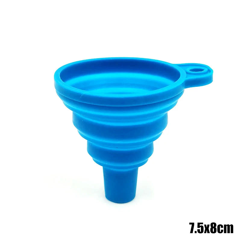A bright blue silicone funnel with a spout and a narrow base, measuring 7.5x8cm.