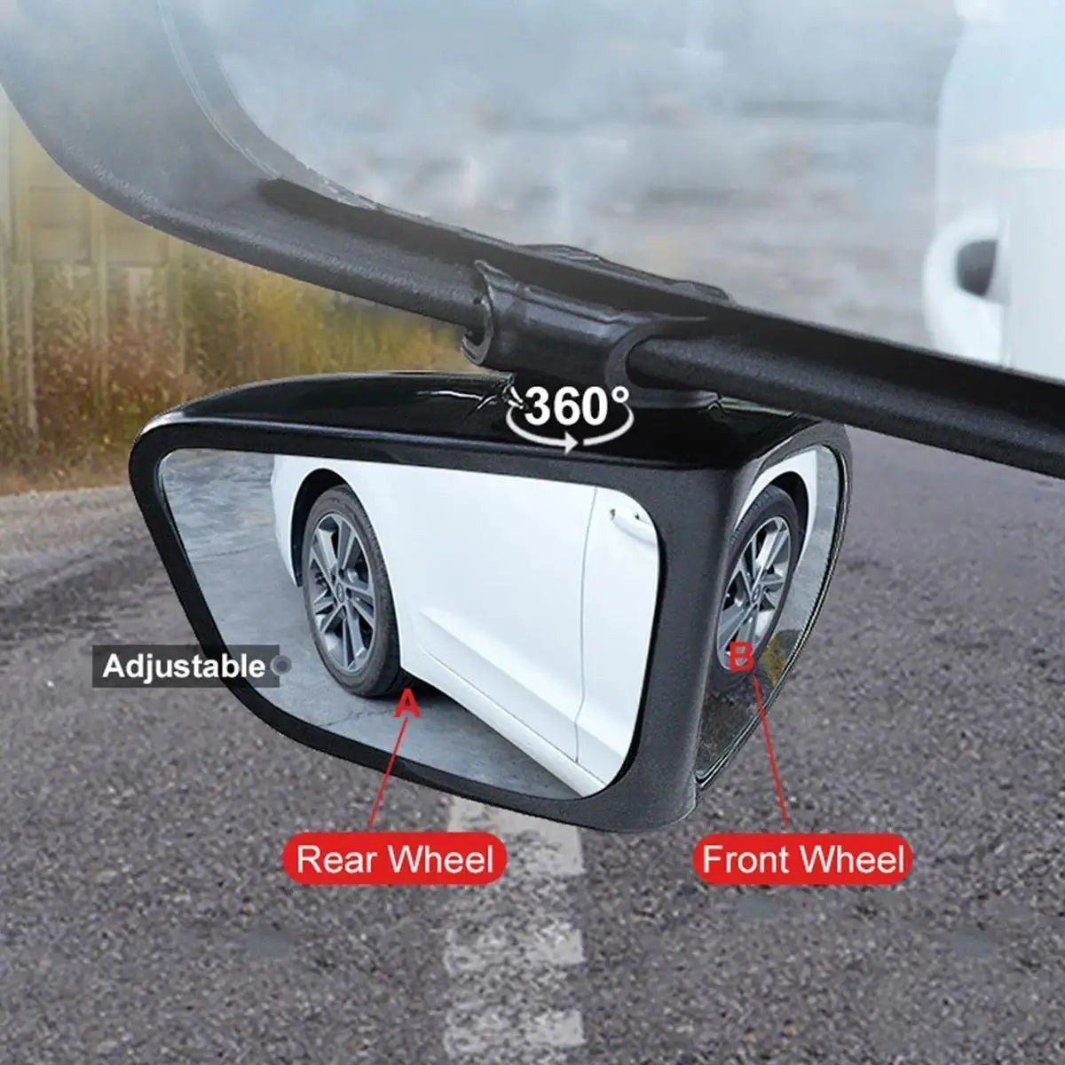 A close-up view of a 360 degree adjustable blind spot mirror mounted on a vehicle, showing the rear and front wheels.