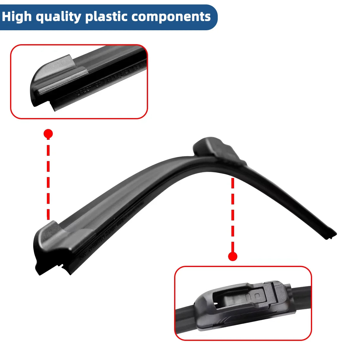 Close-up views of high quality black plastic components for universal J-hook windshield wiper blades.