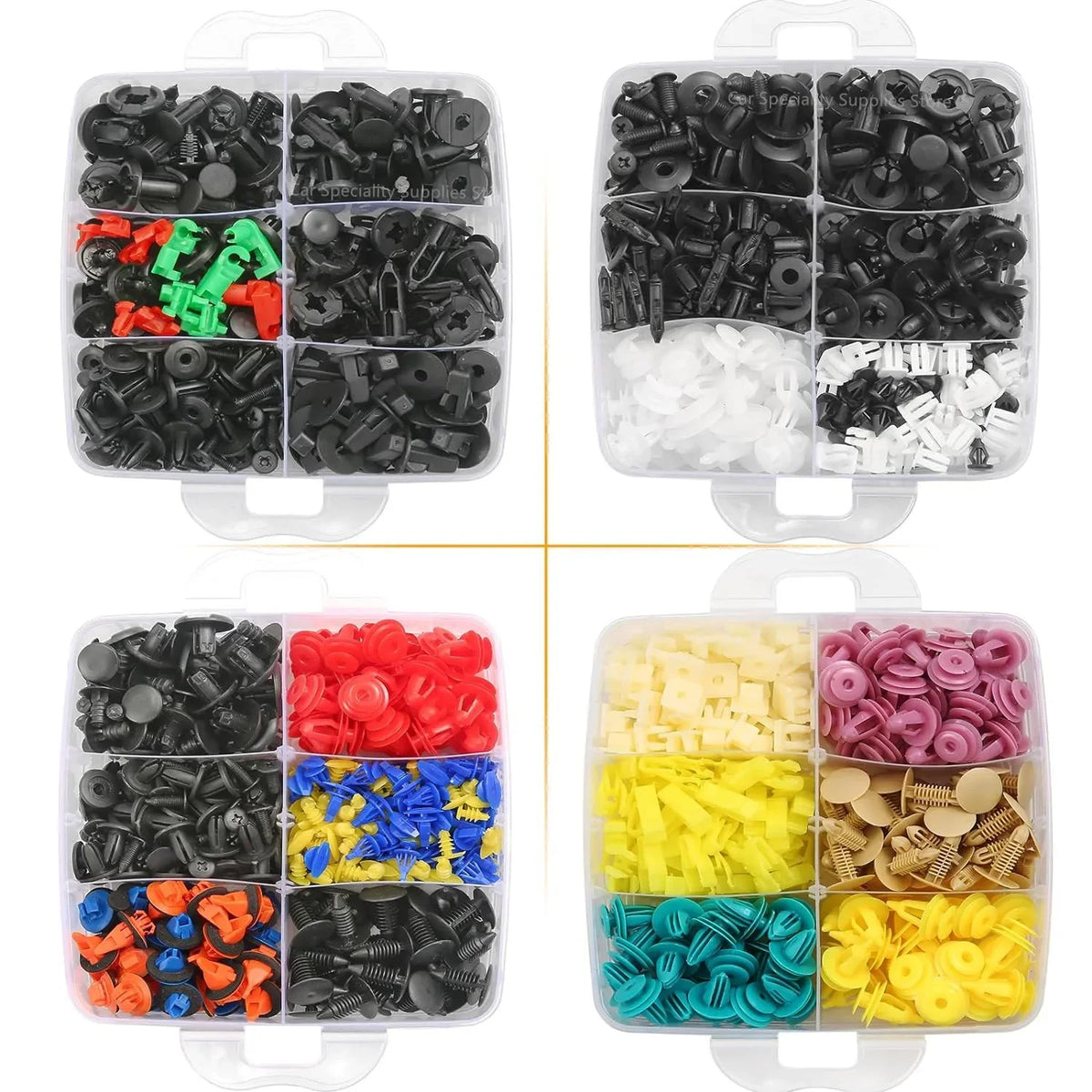 Assortment of black, green, and silver universal car fastener clips for various automotive applications