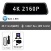 A black 4K rearview mirror dash cam featuring a 4K front camera (WiFi) and a 1080P rear camera with a 6M cable.