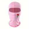 Pink balaclava hat with a rose embroidery on the front