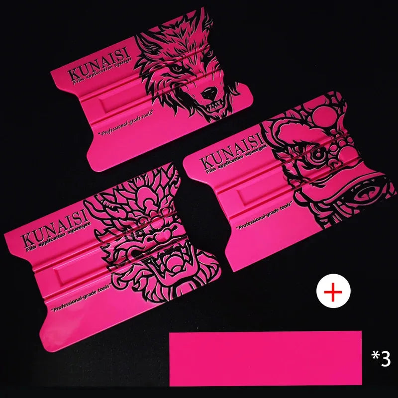 A pink magnetic suction car vinyl wrap film scraper kit shown in three different angles.