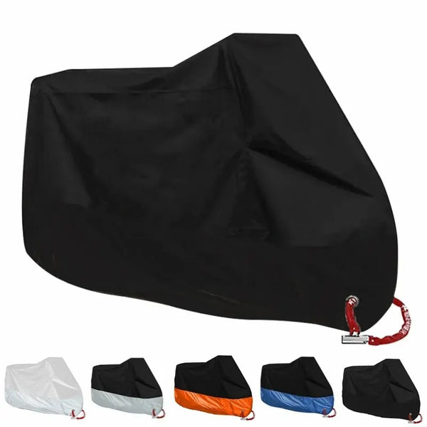 Una colección de fundas para motocicleta negras mostradas desde varios ángulos y colores.