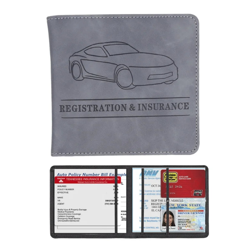 A gray PU leather document organizer featuring a silhouette of a car and text for registration and insurance.