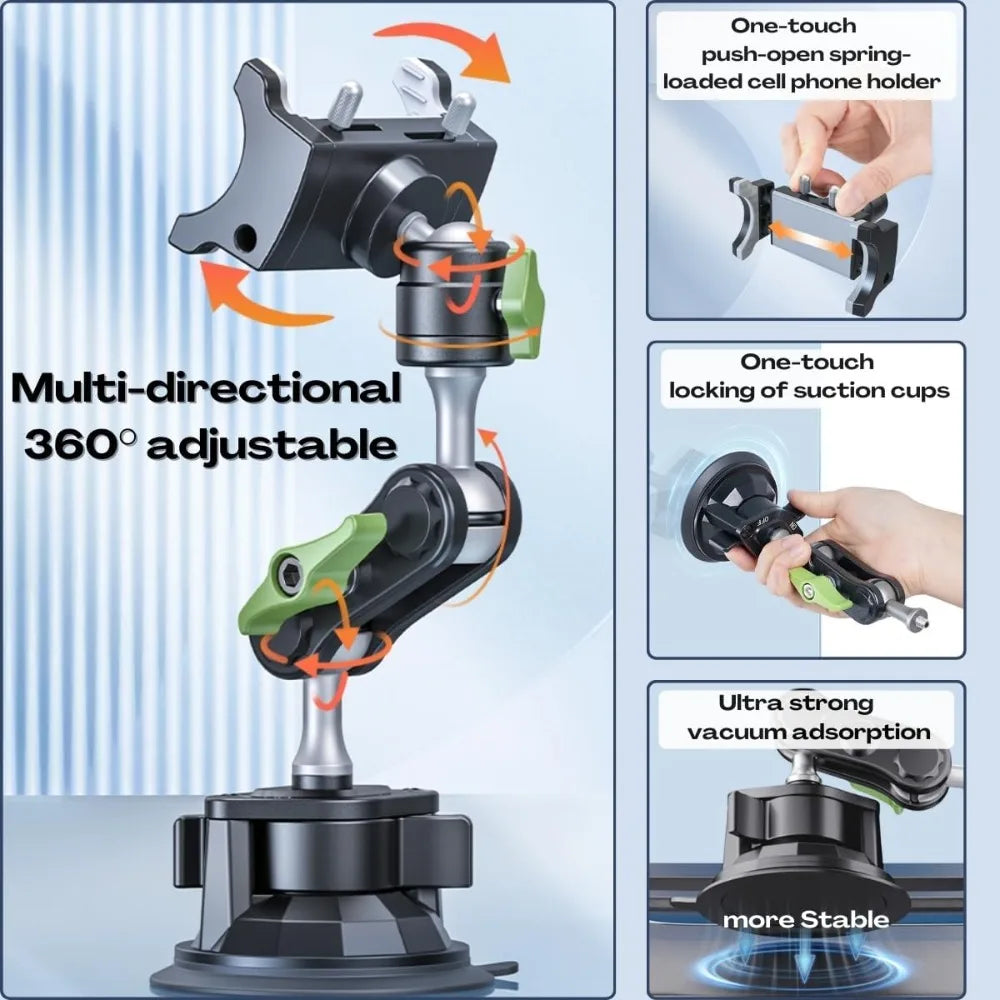 A multi-directional 360° adjustable suction cup phone holder with one-touch locking and strong vacuum adsorption.