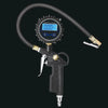 A black digital tire pressure gauge with an inflator and quick connect coupler is shown against a dark background.