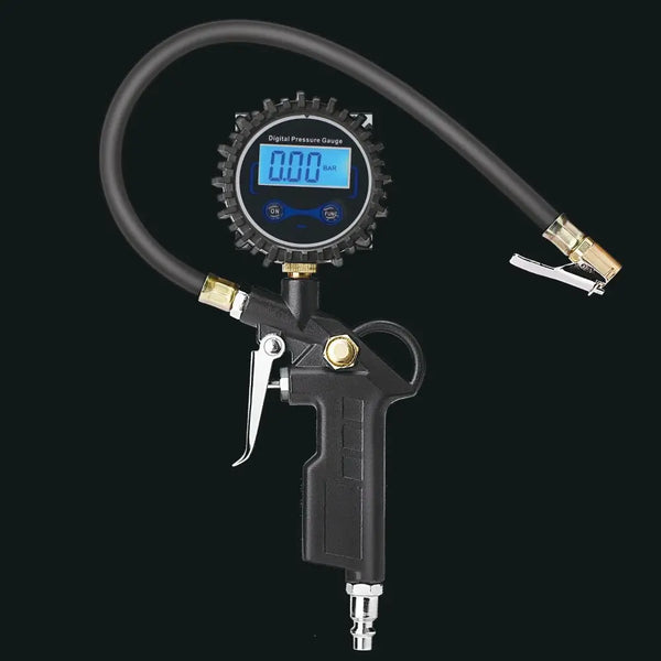 A black digital tire pressure gauge with an inflator and quick connect coupler is shown against a dark background.