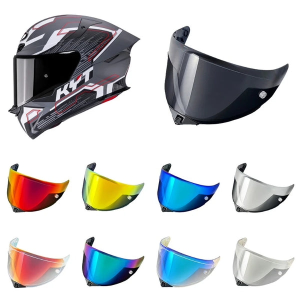 A collection of replacement motorcycle helmet visors in various colors including black smoke, silver, red, yellow, blue, and 