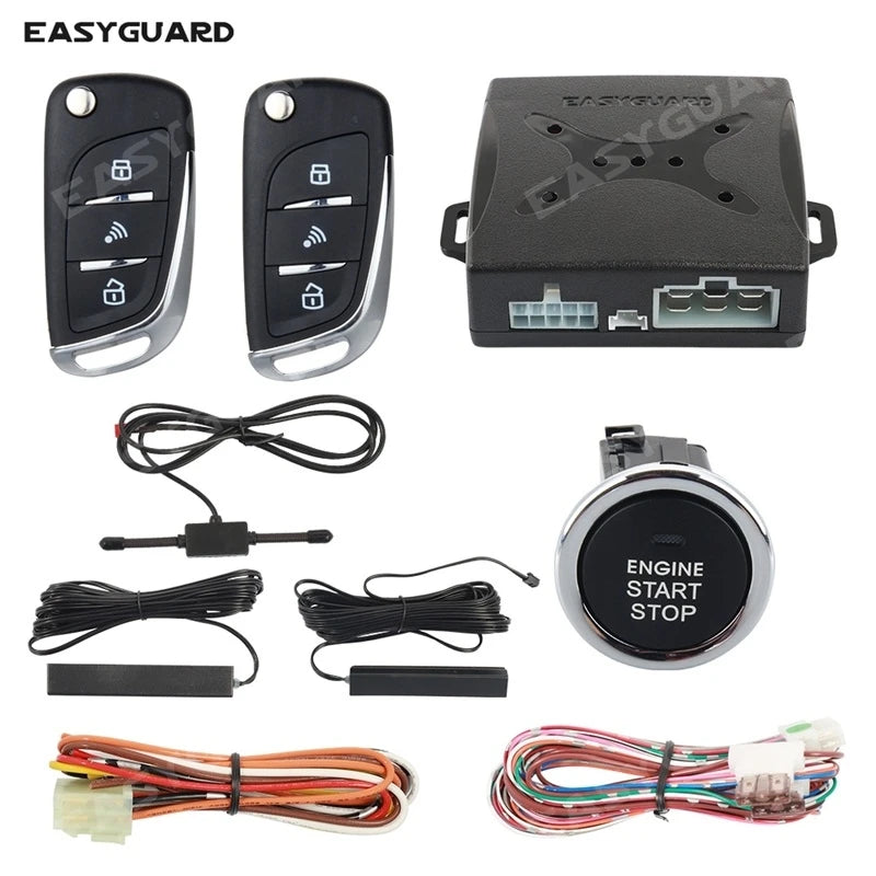 A set of remote engine start and keyless entry car alarm system components including a fob, a battery pack, and wiring harnes
