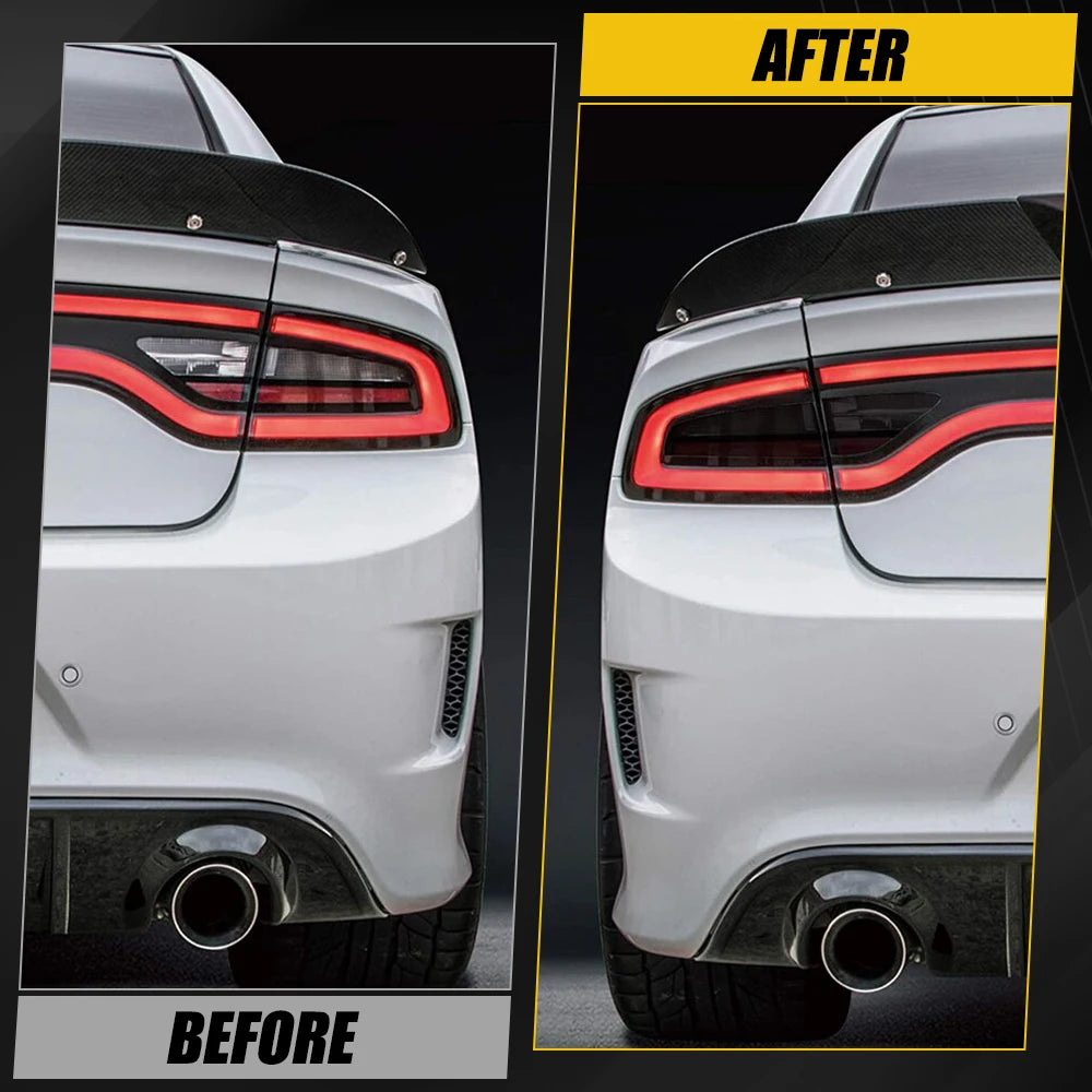 Comparación antes y después de la instalación de película tint para luz trasera de vinilo ahumado en un Dodge Charger.