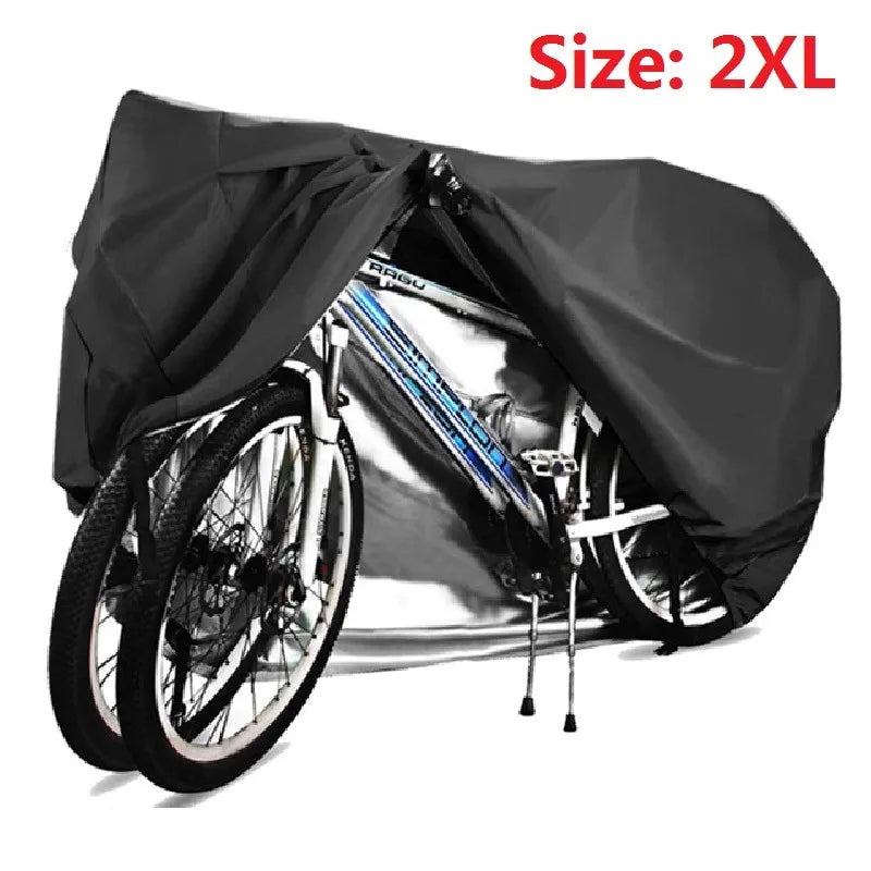 A black heavy duty waterproof bicycle cover is shown open, revealing a bicycle inside.