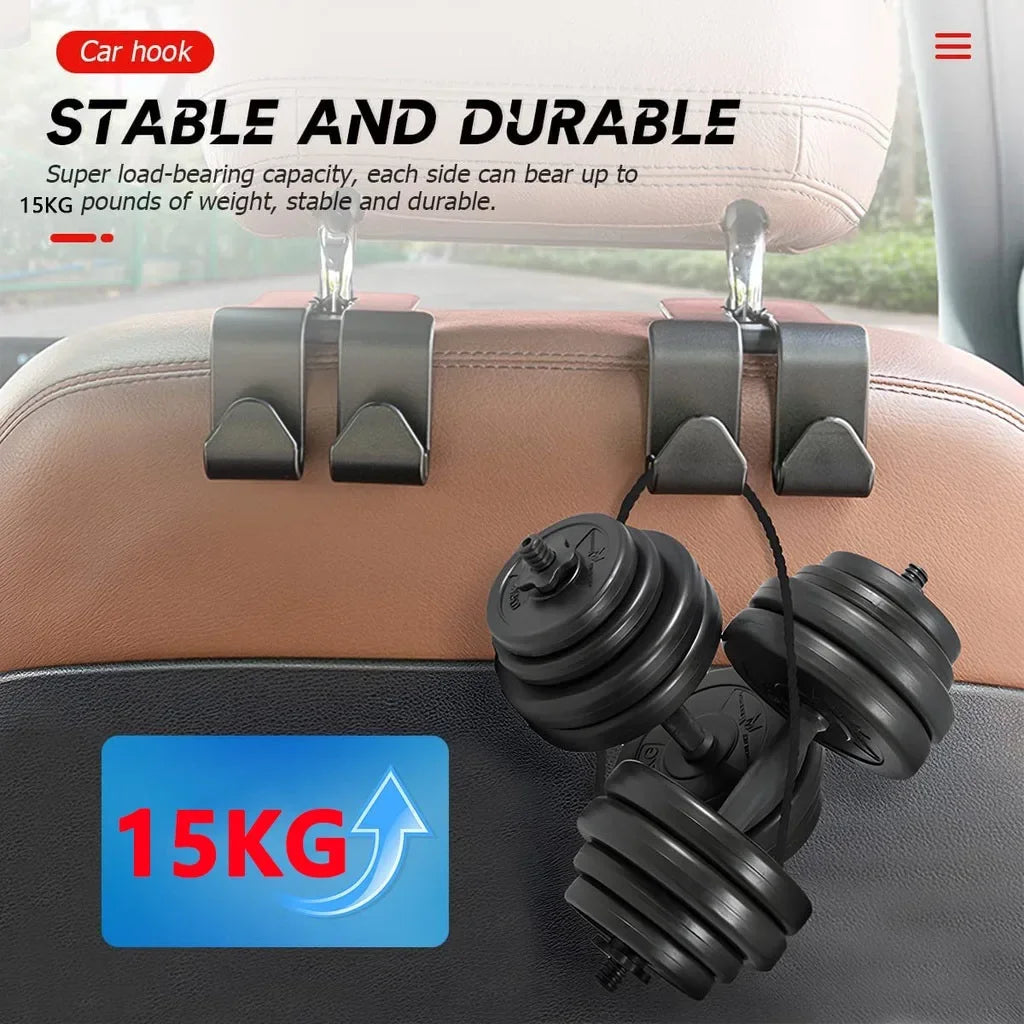 Car hook showing three black hooks attached to a car seat headrest, with 15KG weight indicated.