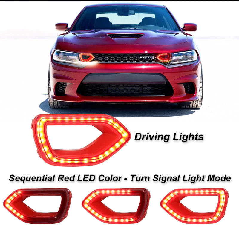 A close-up view of red LED turn signal lights designed for a Dodge Charger grill.