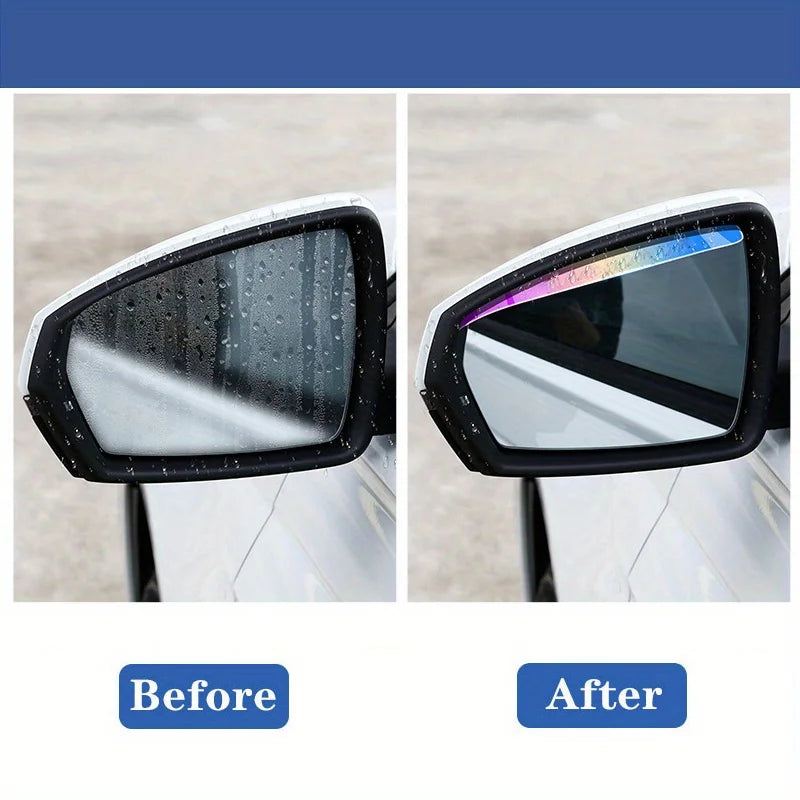 Before and after comparison of a flexible rain curtain applied to a car's rearview mirror.