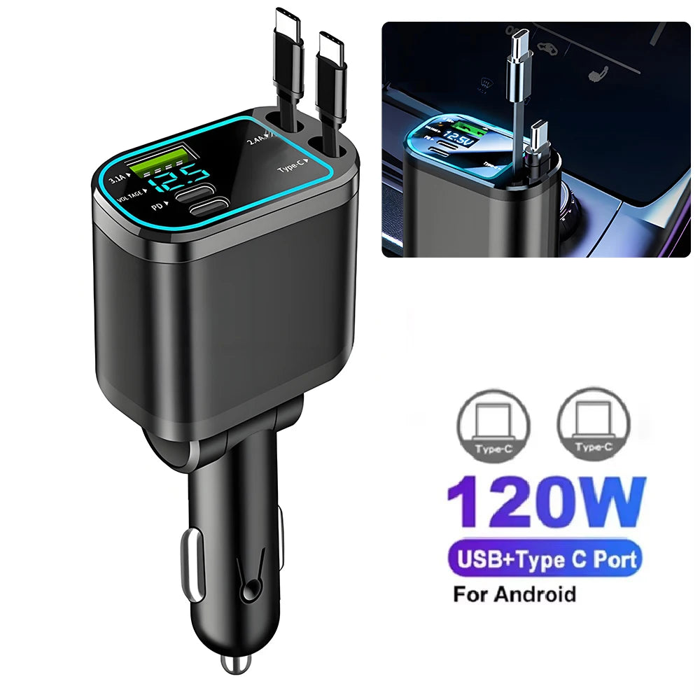 A black fast car charger with a digital display and USB-C port is shown next to an inset image demonstrating its use.