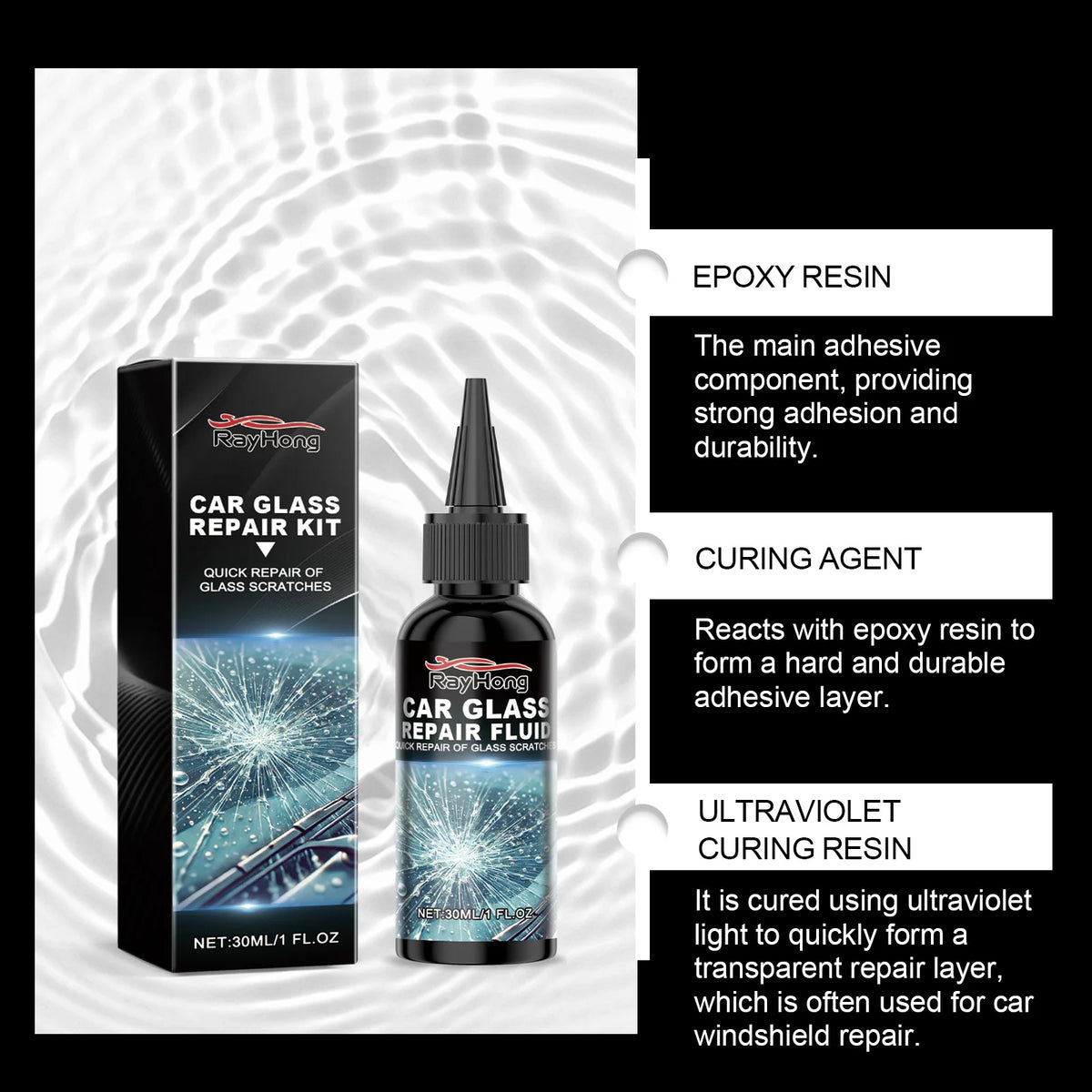 A bottle of RayHong Car Glass Repair Fluid and epoxy resin with instructions for windshield repair.
