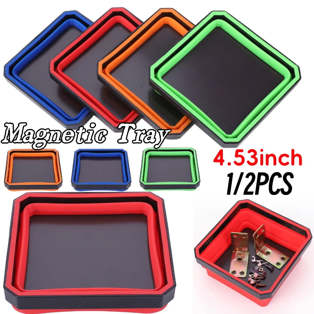A set of magnetic parts trays in various colors including blue, orange, and green, with a red tray shown separately.