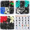 A collection of various universal auto fastener clips and retainers in black, green, and blue colors.