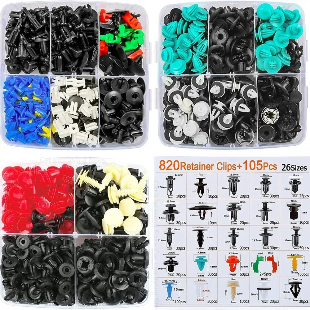 A collection of various universal auto fastener clips and retainers in black, green, and blue colors.