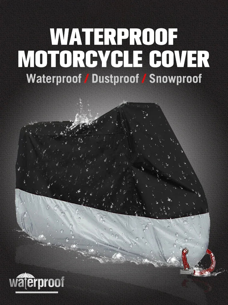 A black and gray waterproof motorcycle cover is shown, demonstrating its protection against water and dust.