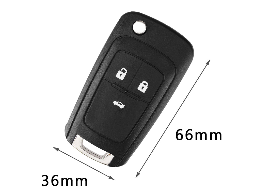 A black flip remote car key fob showing two buttons and dimensions of 36mm and 66mm.