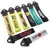 A collection of various colored tow straps including happy endings, mooneyes, dontouch, project, and redsuns.