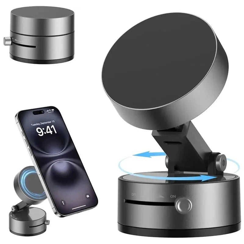 A heavy duty magnetic phone holder with a round base and a flat top, shown next to a smartphone.