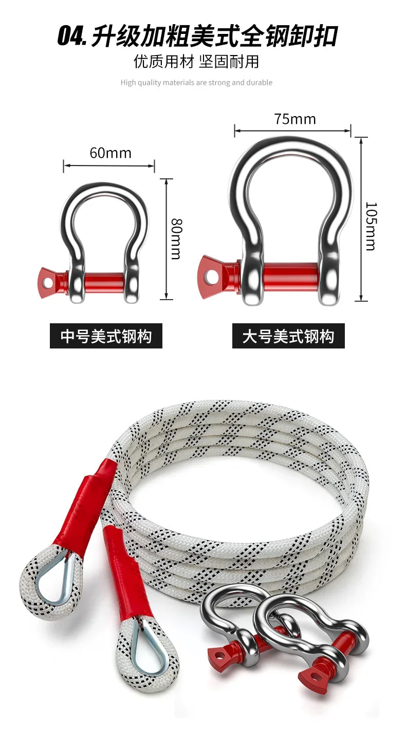 Set of metal hooks and a coiled rope for heavy duty vehicle towing