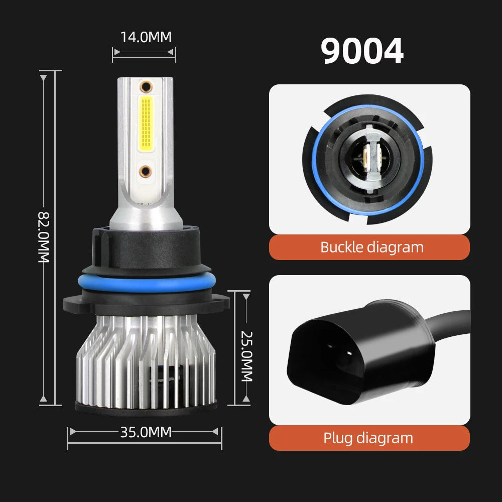 Diagrams showing the 9004 LED car headlight bulb, including a buckle diagram and plug diagram.